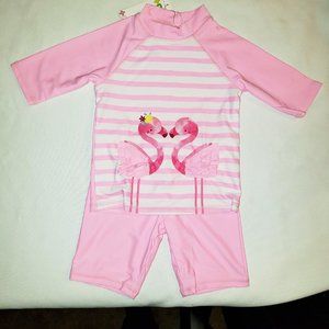 Girls Pink Flamingo EZI Kids  Swimsuit Swim Short and Raglan Sleeve top  SZ 2T